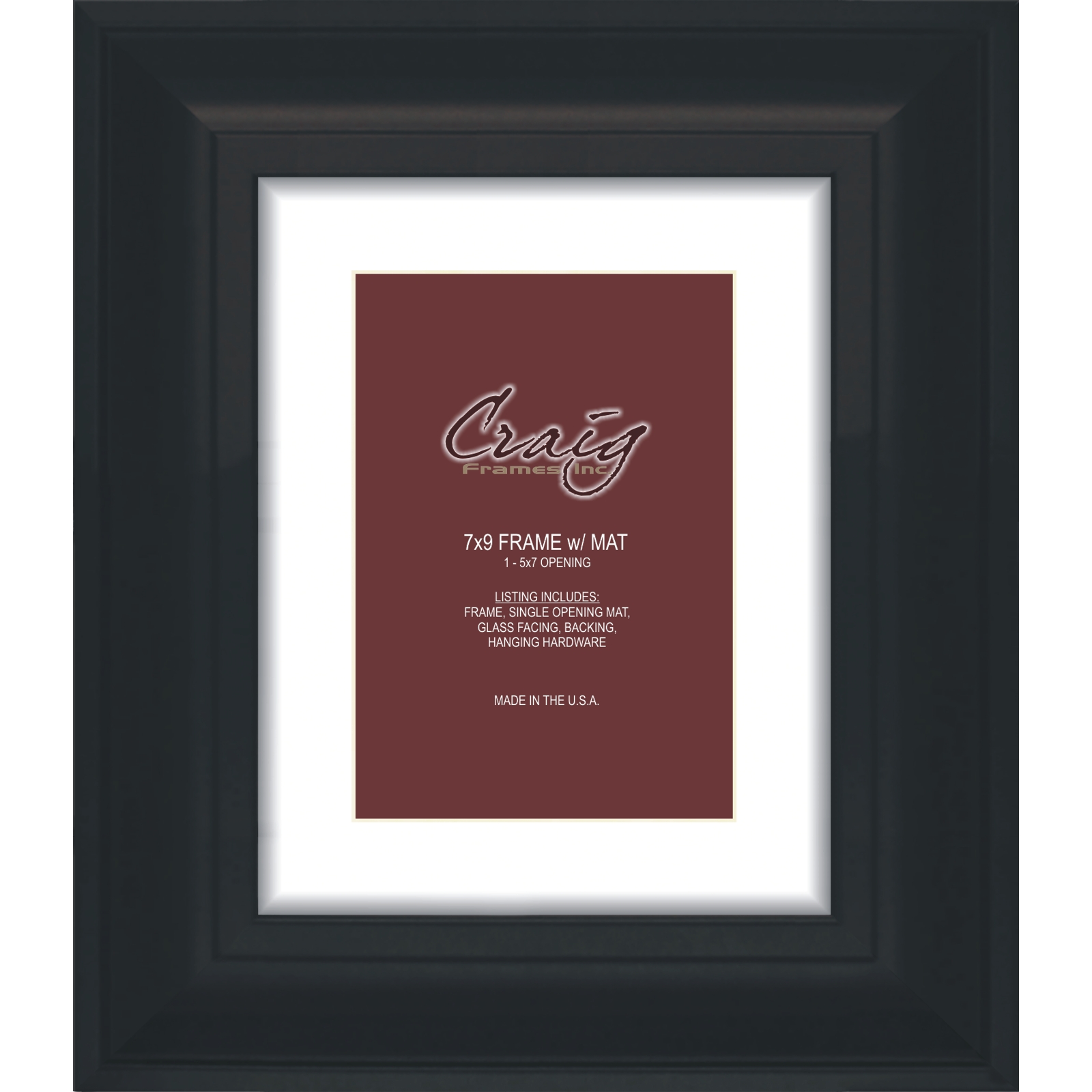 Craig Frames, 12x12 Black Picture Frame, White Mat, Opening for 8x8